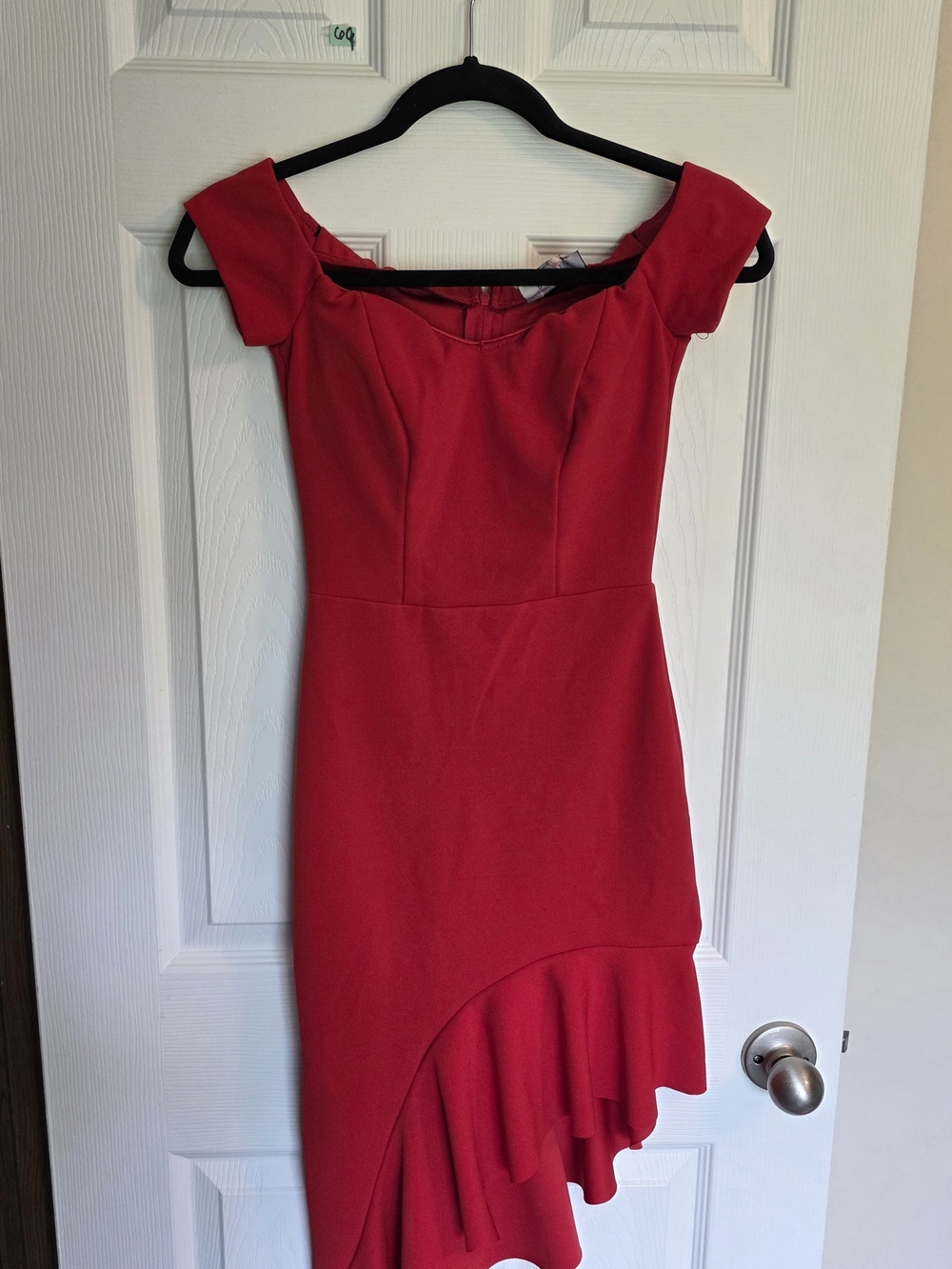 B Darlin Red Off-Shoulder Asymmetrical Ruffle Dress